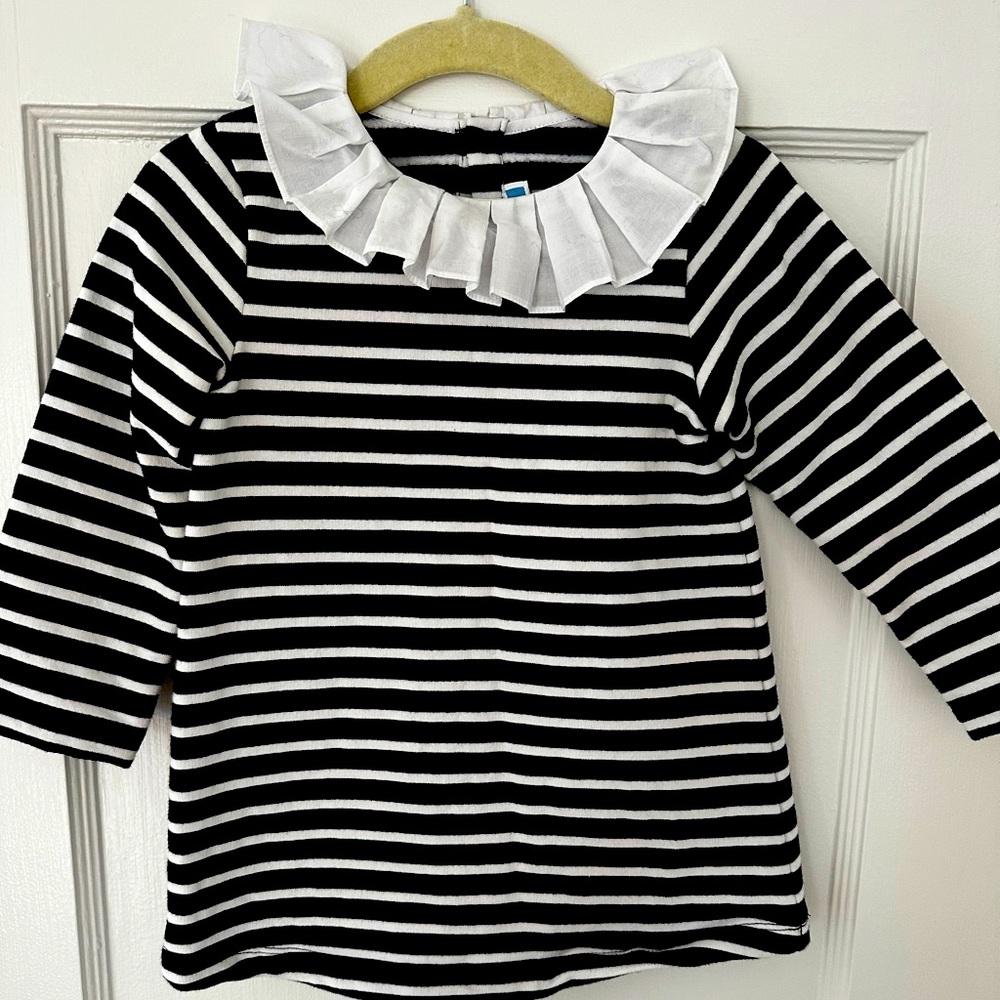 NWOT EUC Jacadi ruffle collar navy stripe fleece lined dress